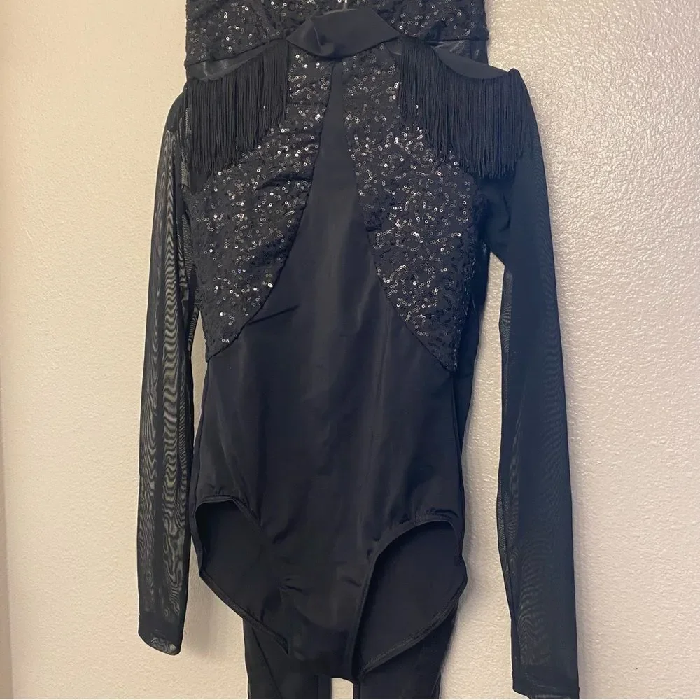 Weissman Dance costume black sequin Fringe Shoulder Leotard pants MT11429 SA